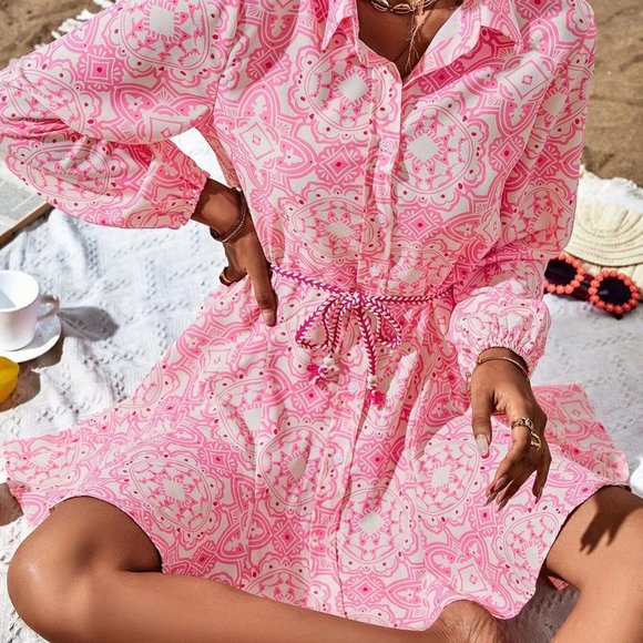 Pink Boho Womens Random Allover Print Belted Shirt Dress - Picture 5 of 5